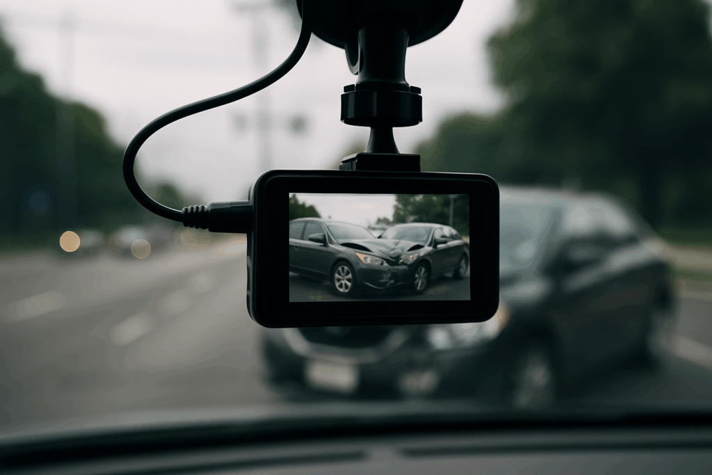 Dash cam mounted on a windshield recording a collision between two cars on a roadway