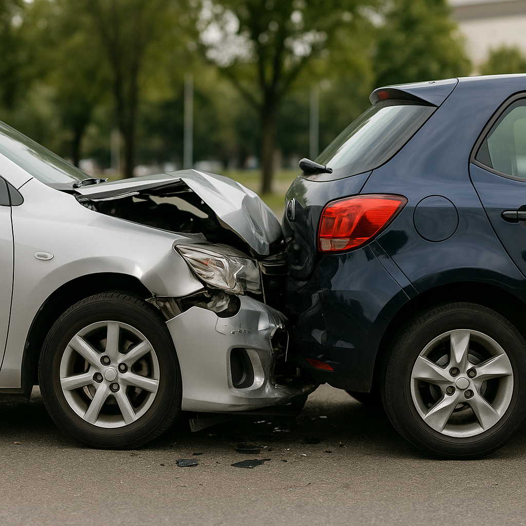 A silver sedan rear ended into a blue SUV showing visible front and rear damage
