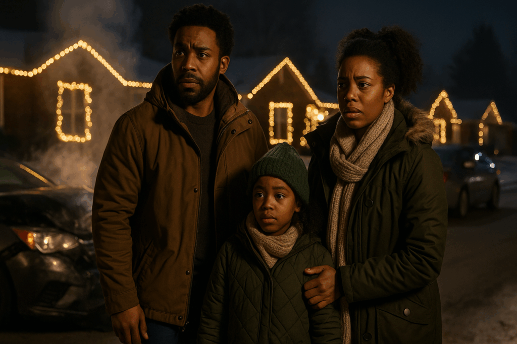 Black family standing outside a crashed car in winter with smoke rising and Christmas lights glowing on homes behind them.