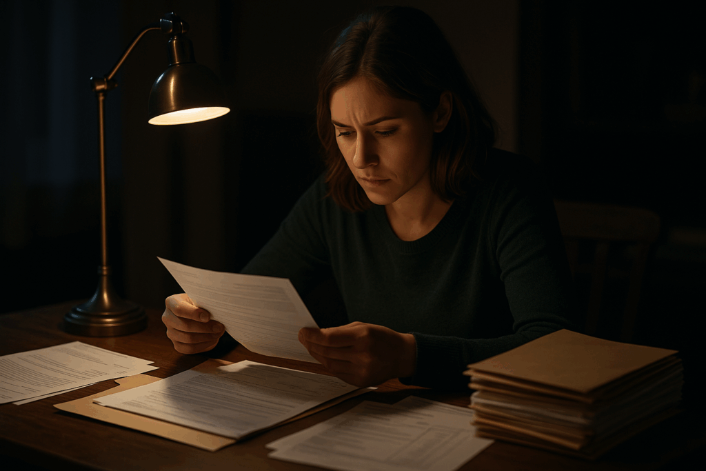 A woman sitting at a desk at night looking down at paperwork and envelopes, representing the frustration of delayed or denied insurance claims.
