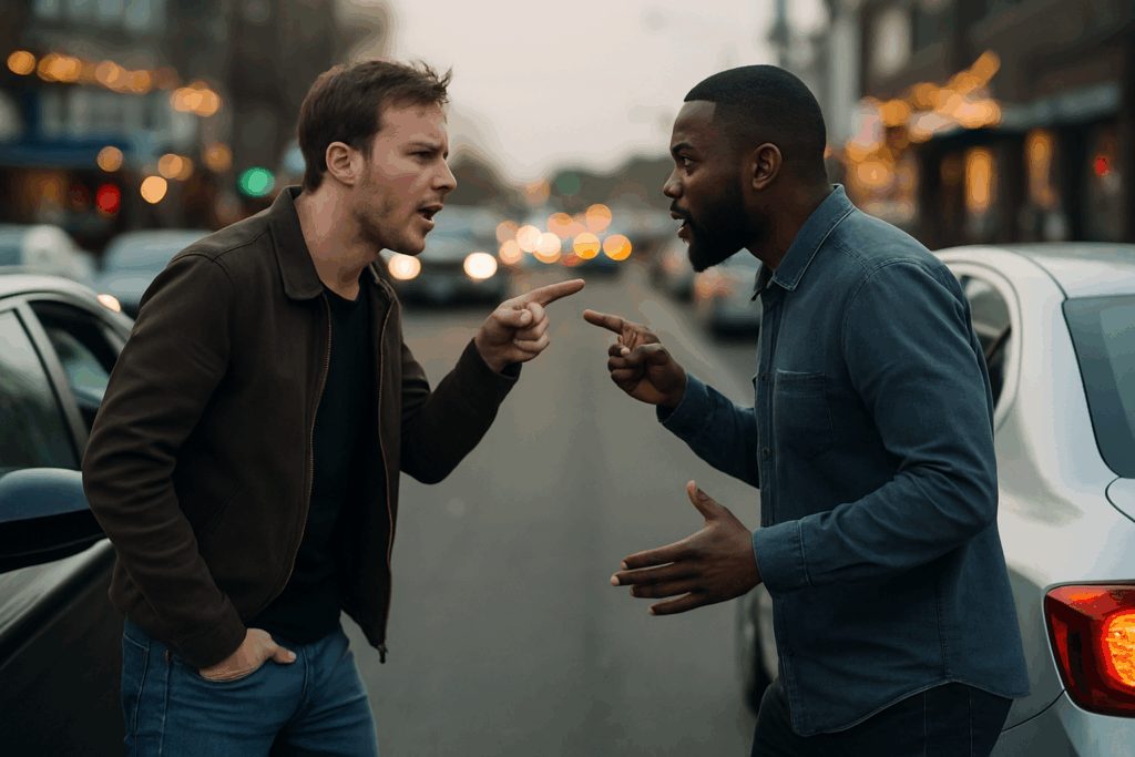 Two men arguing outside their vehicles on the side of the road, moments away from a physical fight, representing a road rage confrontation.