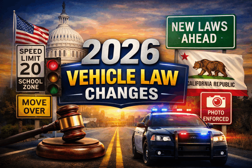Illustration showing 2026 vehicle law changes with road signs, a police car, traffic signals, and federal and California government symbols
