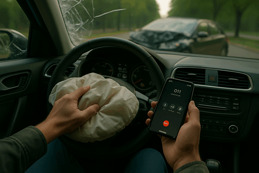 First person view of a driver after a crash with the airbag deployed while holding a phone showing a 911 call and the damaged vehicle ahead