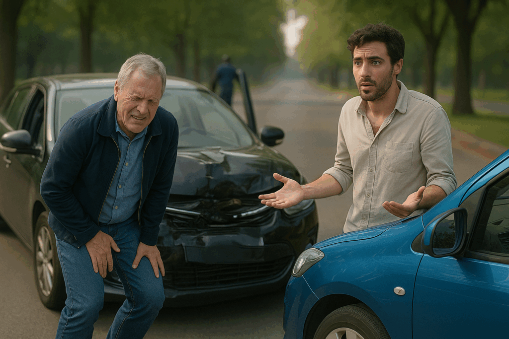 An older injured driver holding his leg while another man looks confused beside two damaged cars after a collision