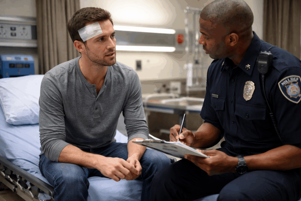 Injured driver speaking with a police officer in a hospital room after a car accident, documenting the incident and injuries.