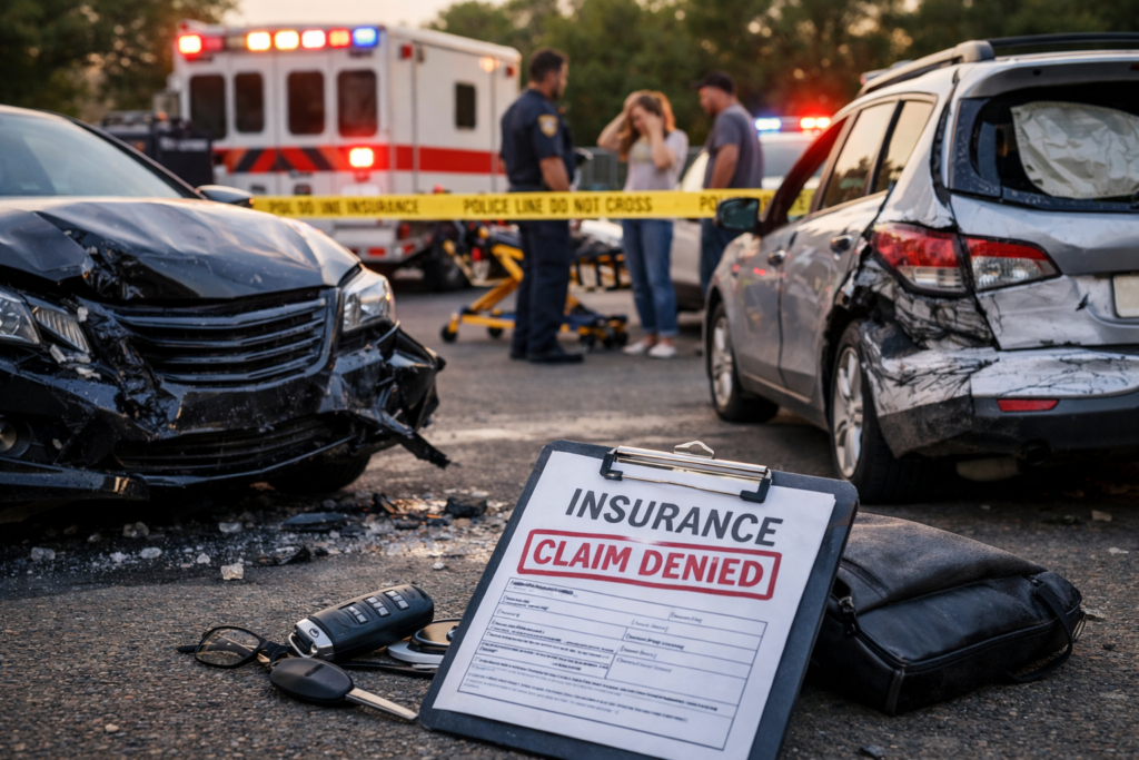 Car accident scene representing what happens when the at fault driver has no insurance
