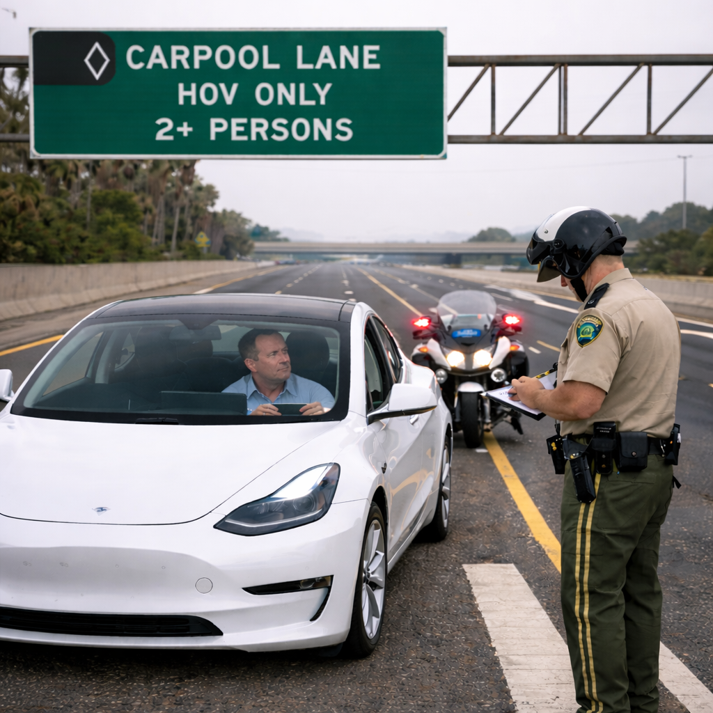 California Highway Patrol officer issuing a ticket to a solo EV driver in the carpool lane after the EV carpool lane California exemption ended in 2025