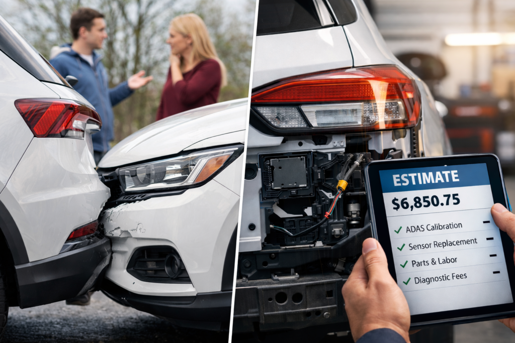 Modern SUV rear-end collision with advanced sensor damage and expensive repair estimate illustrating rising car accident costs in 2026